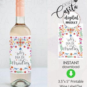 Feliz Dia De las Madres Etiqueta de botella de vino imprimible, día de la madre española, favor de fiesta de mamá rosa, fiesta de mamá, regalo para mamá, regalo de nueva mamá
