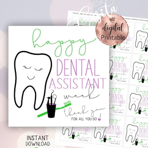 Feliz semana del asistente dental Etiqueta de regalo imprimible, agradecimiento al personal del dentista, etiqueta de diente lindo, agradecimiento de compañero de trabajo, CDA certificado, mini tarjeta de galleta