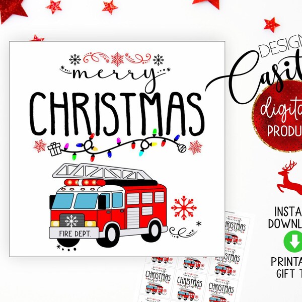 Firefighter Merry Christmas Printable gift tag label,Fire fighter Christmas baking treat tag,red Fire truck holiday party favor tag