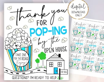 Real Estate Printable gift tag,Popcorn open house promotional treat tag,Realtor Thank you Popping by open house,Marketing tag,Sale sign tag