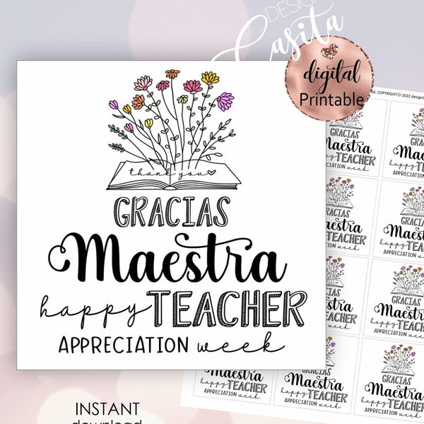 Teacher appreciation week Printable favor Gift Tag,Gracias Maestra tag,School staff appreciation,mini cookie tag,Spanish bilingual teacher