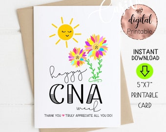 Happy CNA Week Printable 5x7 Folded Greeting Card,Nursing Assistant card,Sunflower CNA thank you card,nurse aid appreciation,Senior care cna