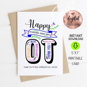 Ergotherapie maand afdrukbare 5x7 gevouwen wenskaart, Pediatrische Ot-kaart, Ot-toespraak, waardering van de therapeut, niet bedankt, Happy OT-dag