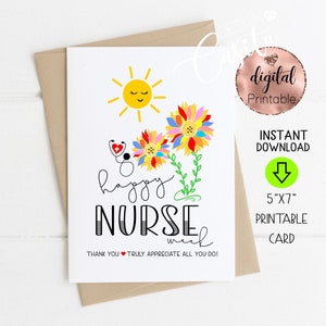 Happy Nurse Week druckbare 5x7 gefaltete Grußkarte, Sonnenblumen-Dankeschön, NICU-Karte, Onkologie-Krankenschwester, Kinderkrankenschwester, klinischer Ausbilder, ER RN