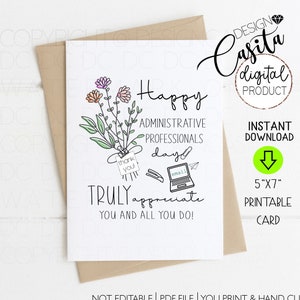 Journée des professionnels administratifs Carte de vœux pliée imprimable 5x7, Merci au travail, Appréciation du personnel, Carte de fleurs de bureau, Merci administrateur, RH