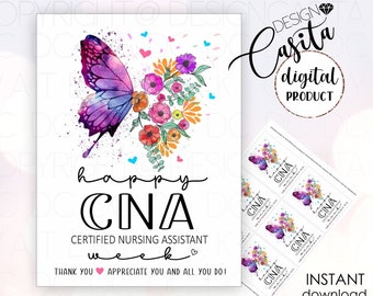 Happy CNA week Thank you Printable Favor Gift Tag,CNA floral butterfly tag,Nurse assistant,CNA Appreciation,Nurses aid hospital staff tag