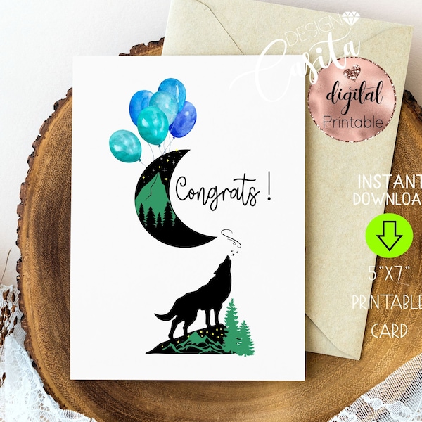 Wolf Moon Congrats Printable 5x7 Folded Greeting Card,2022 Graduation,new dad card,wolf lover,Veterinary Graduation,Vet school grad,EMT grad