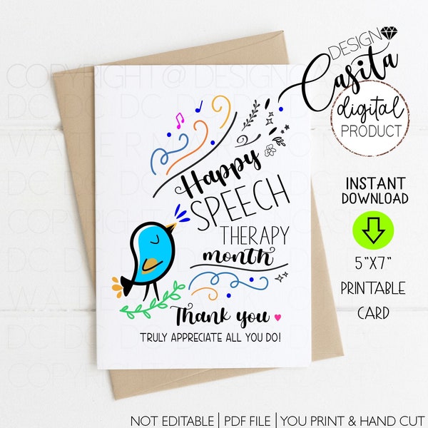 Speech therapy month printable 5x7 folded greeting card,Pathologist thank you,language therapy card,SLP appreciation,BHSM thank you card