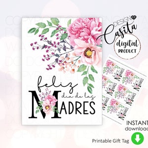 Feliz Dia de las Madres Etiqueta para presente para impressão, etiqueta para mãe com flores de peônia, dia das mães espanhol, etiqueta para café de mamãe, agradecimento à equipe, mãe de planta