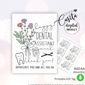 Etiqueta de presente para impressão da semana do assistente de dentista, agradecimento à equipe do dentista, etiqueta de agradecimento de colega de trabalho com flores, CDA certificado, mini cartão de biscoito
