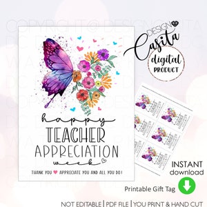 Lehrer Wertschätzung Woche druckbare Geschenkanhänger, floral Schmetterling bunt Lehrer Tag, Danke Lehrer, zweisprachiger Lehrer, College Lehrer Karte