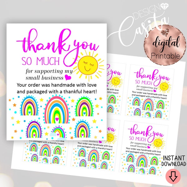 Small business Rainbows Thank you Printable Card,Customer card,business order insert,made with love,Etsy business, mini cookie insert card