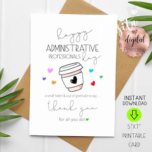 Jour des professionnels administratifs café imprimable 5 x 7 plié carte de voeux, appréciation du personnel, carte de travail caféine, merci administrateur, remerciement RH