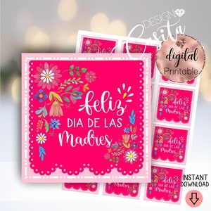 Feliz dia de las Madres Floral Printable favor Gift Tag, Fête des mères espagnoles, regalo para mama, Feliz dia mama, mini carte à biscuits, autocollant maman DIY