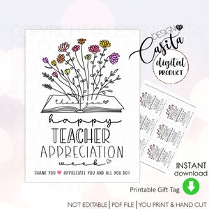Lehrer Wertschätzung Woche druckbare Geschenk Anhänger, bunte Lehrer Anhänger mit Blumenbuch, Danke Lehrer, zweisprachiger Lehrer, College Lehrer Karte