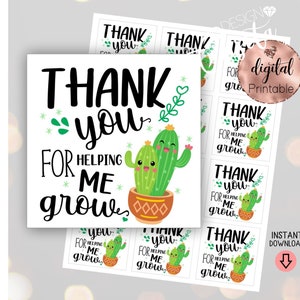 Merci de m'avoir aidé à faire pousser une étiquette cadeau imprimable cactus, appréciation de l'enseignant, mini étiquette à biscuits, enseignant bilingue, primaire