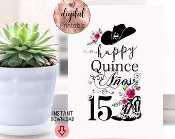Quinceanera buon compleanno fiore stivali stampabile 5x7 biglietto d'auguri piegato, cowgirl Texas compleanno, compleanno di Quince, ragazza di campagna, 15 compleanno