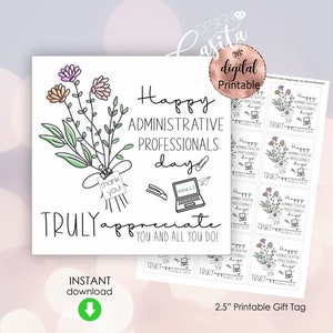 Könnte beinhalten: Druckbarer Geschenkanhänger mit einem Blumenstrauß, einem Laptop, einem Hefter und einem Papierflieger. Der Text lautet "Happy Administrative Professionals Day! Wir schätzen Sie und alles, was Sie tun, wirklich!" Der Anhänger ist 2,5 Zoll breit.