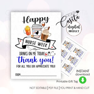 Nurse Week Printable Geschenkanhänger,RN Dankeschön,Kaffee Tee Latte Medizinische Dankeschön-Karte, Danksagung