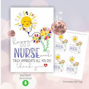 Étiquette-cadeau imprimable de tournesol de semaine d'infirmière, appréciation d'infirmière et merci étiquette de faveur d'infirmière de tournesol, carte de biscuit de personnel médical d'hôpital