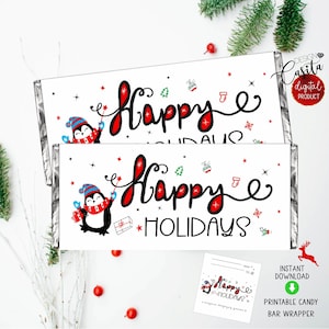 Happy Holidays Printable Candy bar Wrapper,Christmas Penguin wrapper,Sweet holiday wishes,staff appreciation,winter Chocolate bar wrapper