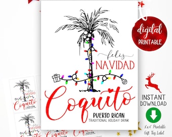 Coquito Feliz Navidad Printable gift tag label,Puerto Rican traditional holiday drink,homemade coquito bottle,Christmas lights bottle tag