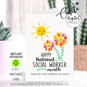 Happy National Social Worker Month afdrukbare 5x7 gevouwen wenskaart, zonnebloem cadeau tag, maatschappelijk werker waardering, dank u maatschappelijk werker
