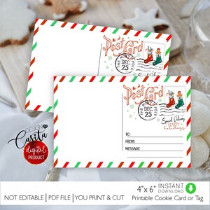 Puede incluir: Dos postales navideñas blancas con bordes a rayas rojas, verdes y blancas. Cada postal presenta un diseño de sello vintage con un calcetín navideño, el texto "Post Card" y "Dec. 25". La parte inferior de la tarjeta tiene espacio para un mensaje.