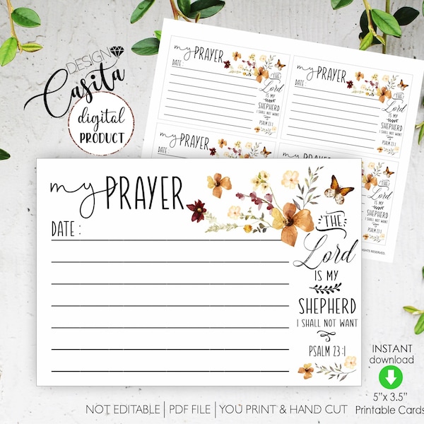 Prayer Card Printable Psalm 23 scripture,wild flowers butterfly card,prayer request,war room,faith prayer,bible verse,wedding prayer card