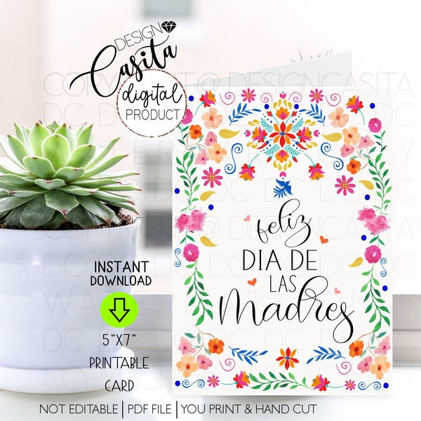 Feliz dia de las madres Imprimible 5x7 Tarjeta de felicitación plegada, día de la madre española, tarjeta de mamá de arte popular mexicano, regalo para mamá, mamá mexicana