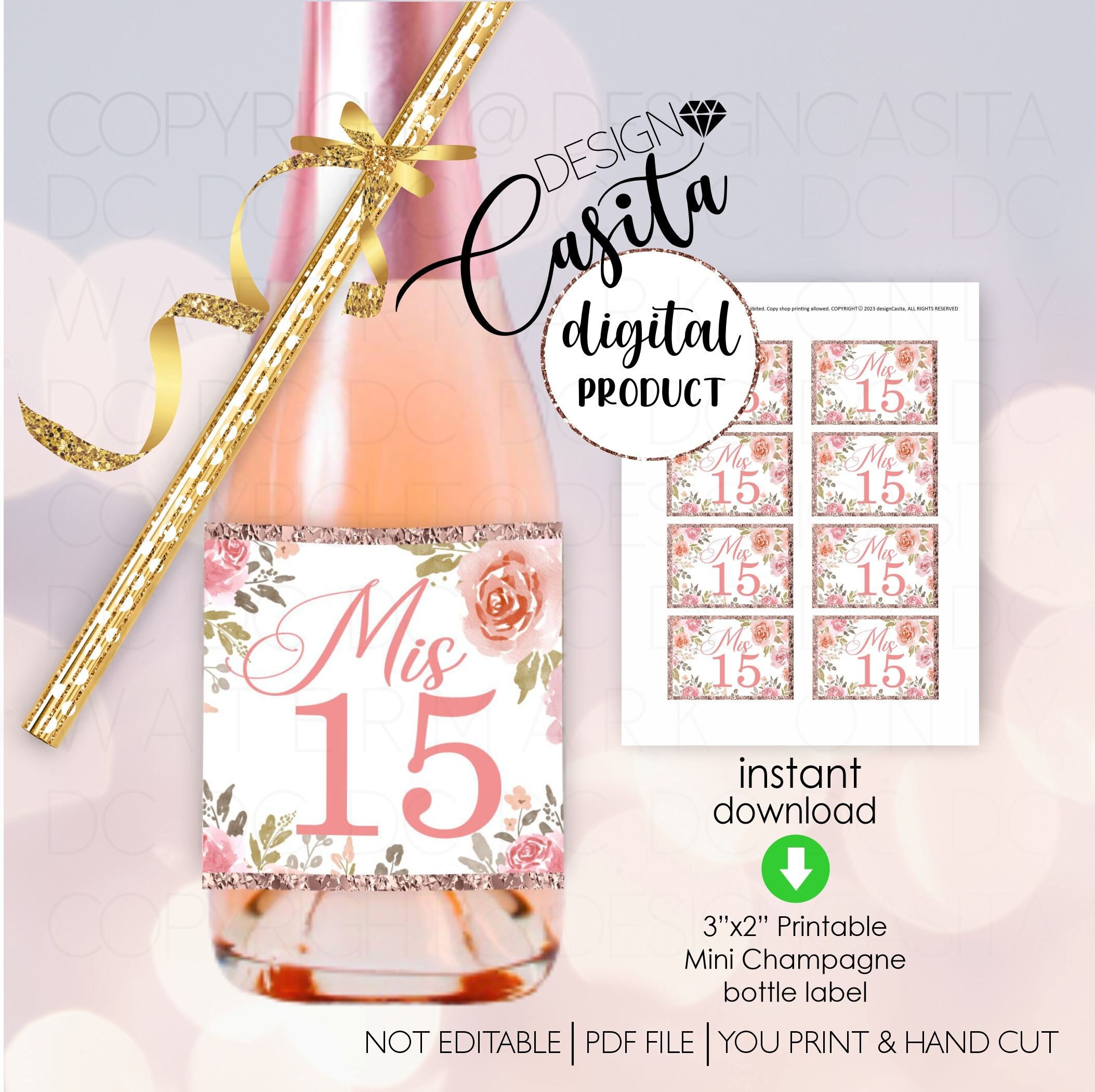 Mis 15 Birthday Printable Mini Champagne Coral Pink Label,glitter ...