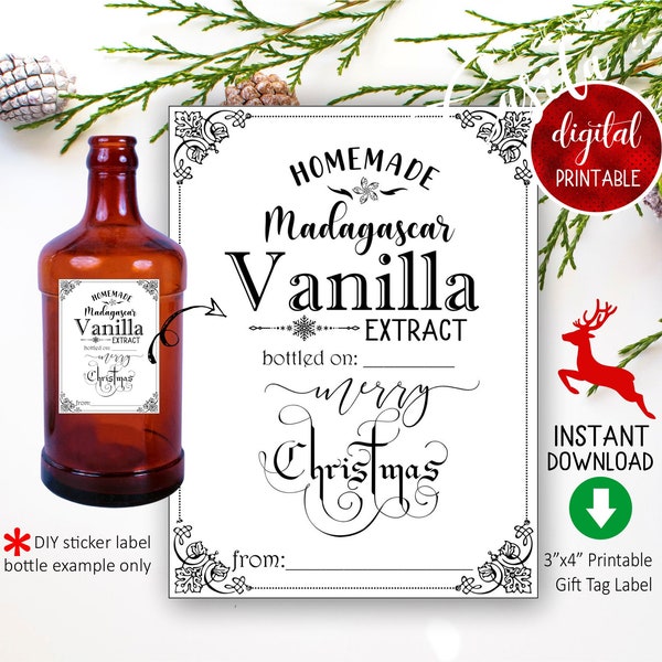 Extracto de vainilla Madagascar Etiqueta de etiqueta de regalo imprimible, Etiqueta de botella de vainilla Feliz Navidad casera vintage, Feliz Navidad, Etiqueta engomada de bricolaje de vainilla