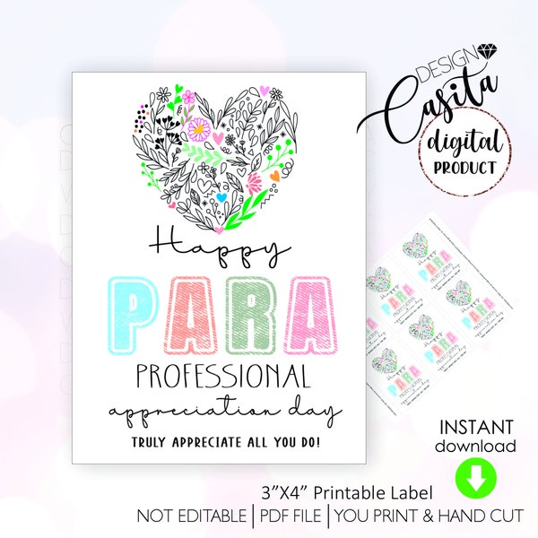 Paraprofessional Appreciation Day Printable gift tag,Floral Heart Thank you,Staff Appreciation,Teachers Aide,Para educator,mini cookie tag