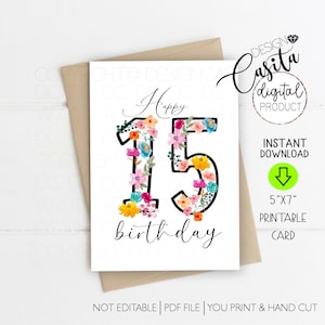 Buon 15esimo compleanno stampabile 5x7 biglietto d'auguri piegato, biglietto d'auguri floreale quinceanera, compleanno colorato di fiori selvatici, download istantaneo