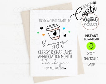 May include: A white 5"x7" greeting card featuring a coffee cup illustration with a black heart, surrounded by small colorful hearts. Text reads: ENJOY A CUP OF GRATITUDE, happy, CLERGY & CHAPLAINS APPRECIATION MONTH, thank you, FOR ALL YOU DOI.