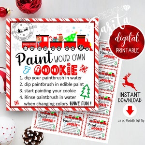 Paint your own cookie instructions North Pole train Printable favor gift tag,Christmas red train cookie card,PYO instructions,Cookie party