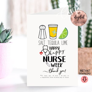 Nurse Week grappig bedankt afdrukbare 5 x 7 gevouwen wenskaart, omdat patiënten, drankje met verpleegkundige tequila, SEH-verpleegkundige in het ziekenhuis, schot verpleegkundige, icu