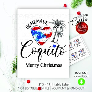 自家製コキートメリークリスマス印刷可能なギフトタグラベル、プエルトリコの国旗ハートデザイン、伝統的な飲み物、自家製コキートボトルタグ