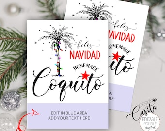 Coquito Editable printable bottle label,Feliz Navidad Homemade Coquito label,Christmas PDF fillable,Personalized tag,coquito bottle label
