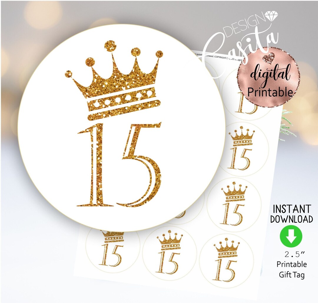 Quinceanera 15 Crown Printable Gold 2.5 Inch Round Gift Tag Design