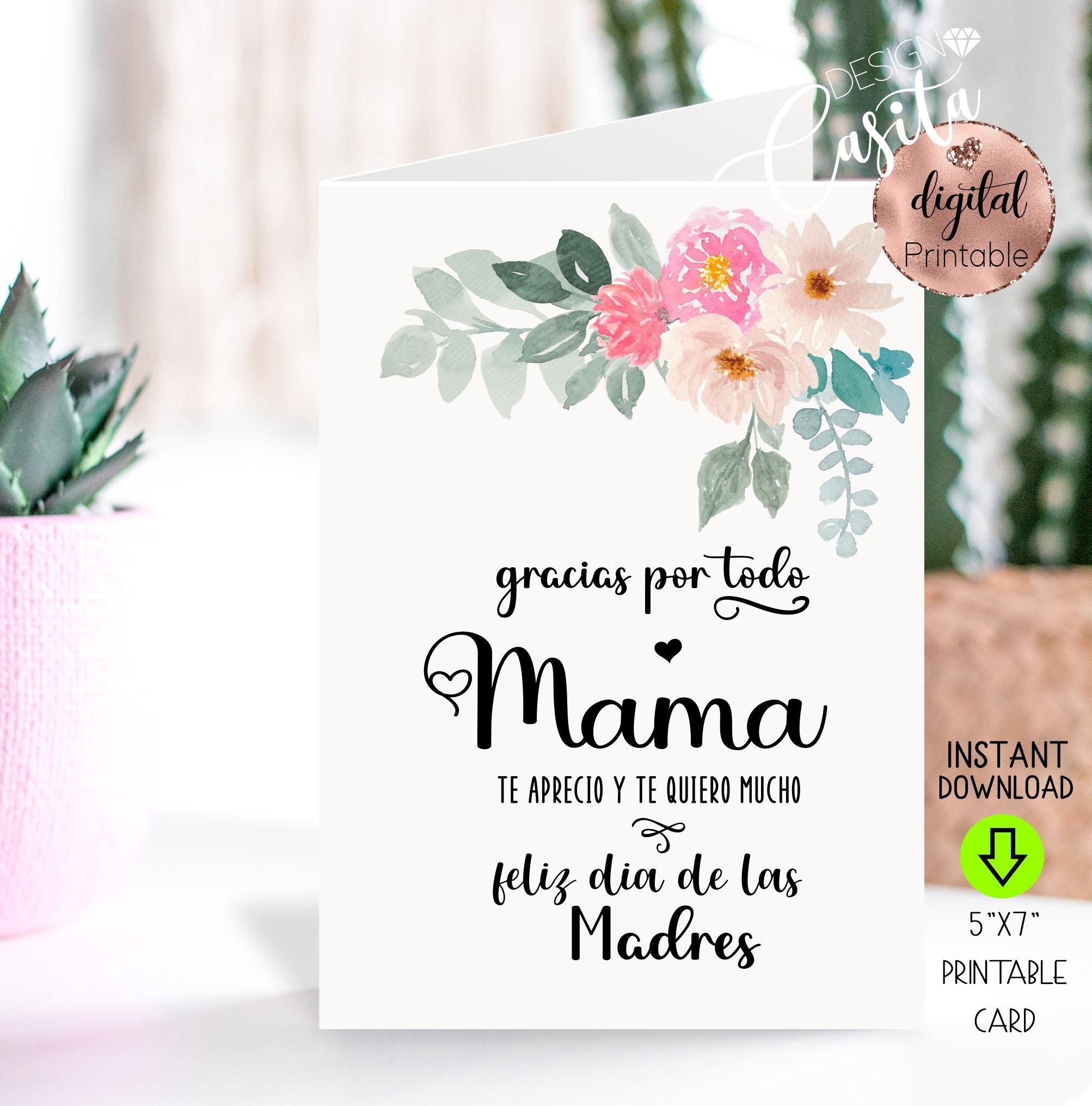 Spanish Mother's day Gracias Mama Printable 5x7 Folded Greeting Card,Feliz dia de las Madres,regalo para mama,la mejor,Mexican mother's day