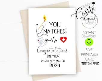 Match day Doctor Residency 2026 Printable 5x7 folded greeting card,You matched card,Doctor Resident congratulations,doctor graduation card