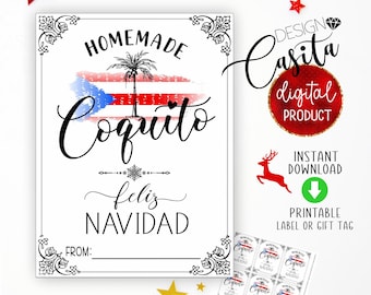 Coquito homemade bottle label,Feliz Navidad Printable gift tag label,Puerto Rican flag traditional holiday drink,Christmas palm tree coquito