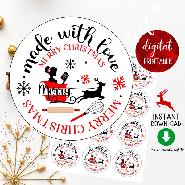 Made with Love Baker Merry Christmas Printable round gift tag,baker holiday tag,baking food tag,bread tag,Pie tag,mini cookie tag,staff gift