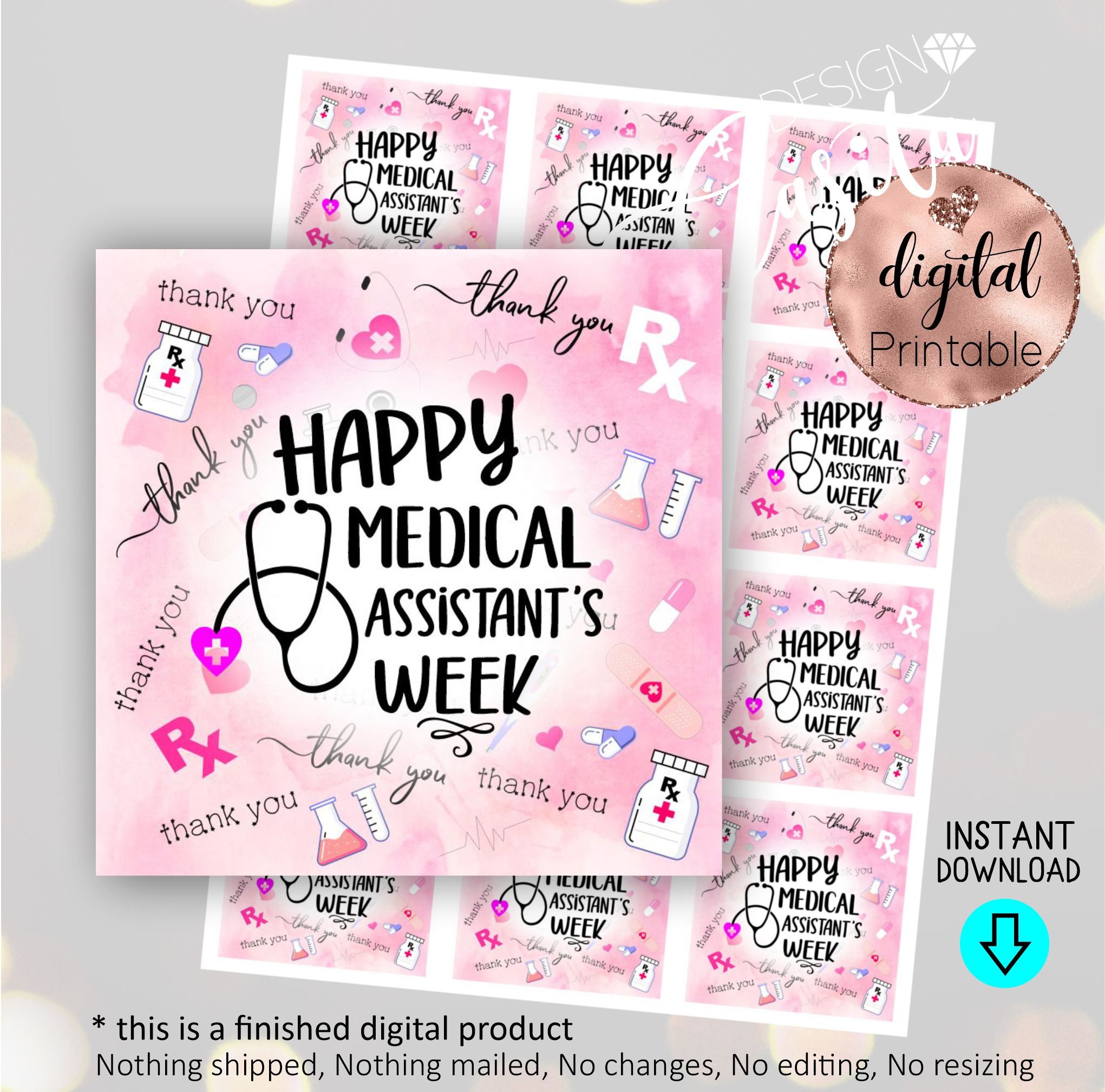 Happy Medical Assistants Week Pink Printable Square Favor Gift Tag,MA Appreciation,Thank you MA,Oncology ma,Nurse assistant,mini cookie tag