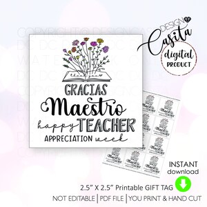 Semana de agradecimento ao professor Etiqueta de presente para impressão, etiqueta Gracias Maestro, apreciação do pessoal da escola, mini etiqueta de biscoito, professor bilíngue de espanhol