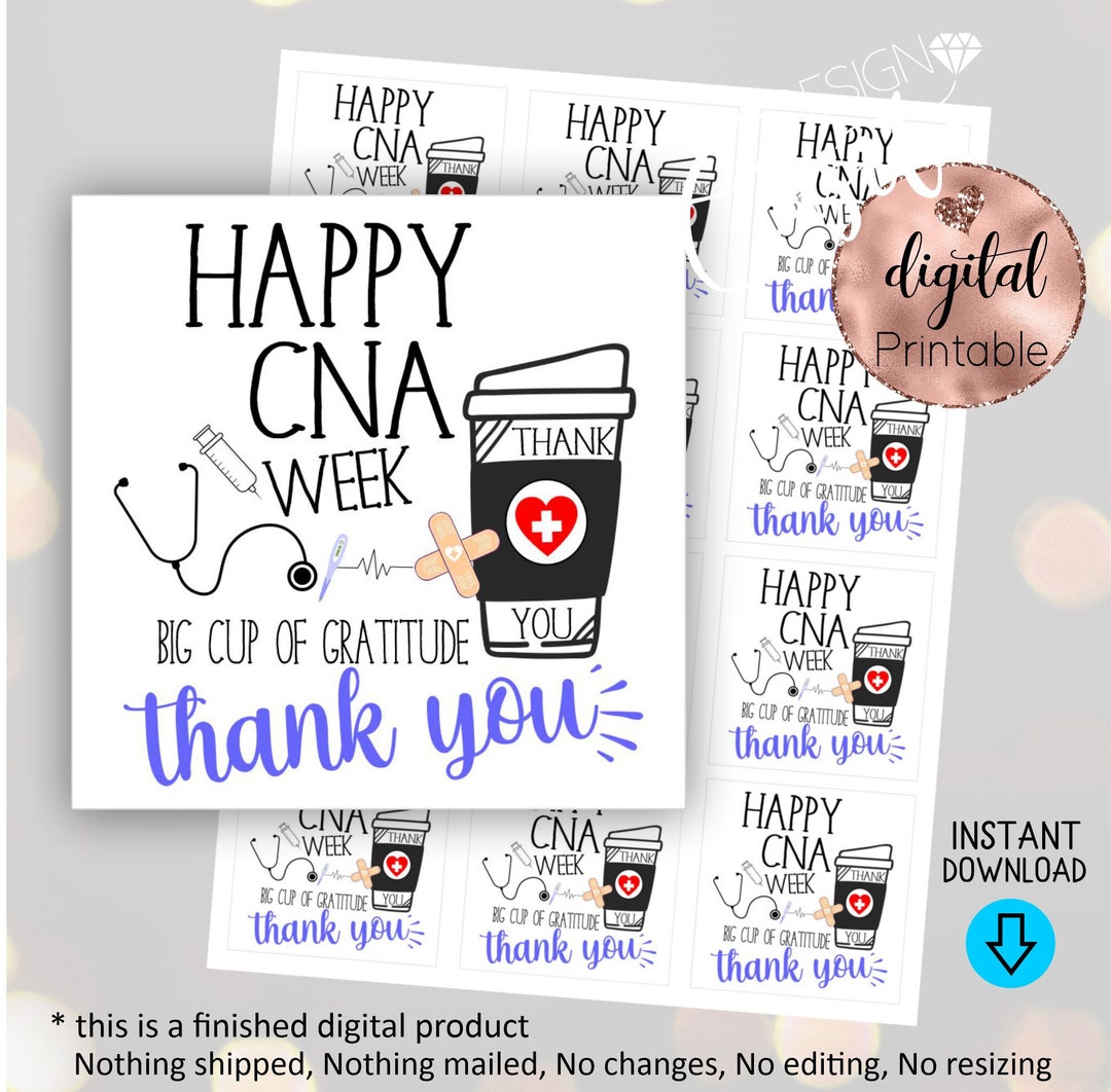 Happy CNA Week Printable Square Favor Gift Tag,big Cup of Gratitude Tag