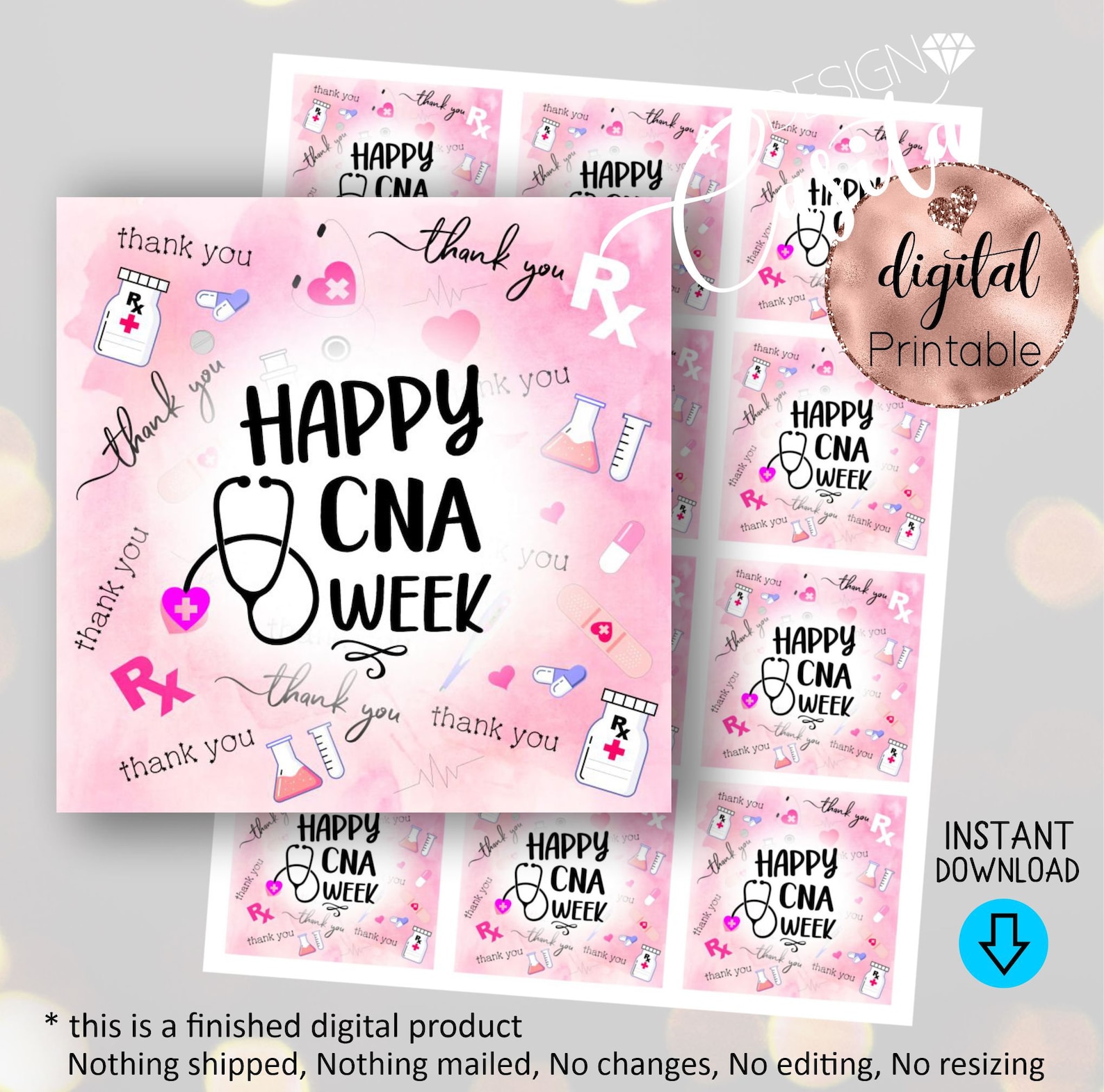 Happy CNA week Pink Printable Square Favor Gift TagOncology Etsy