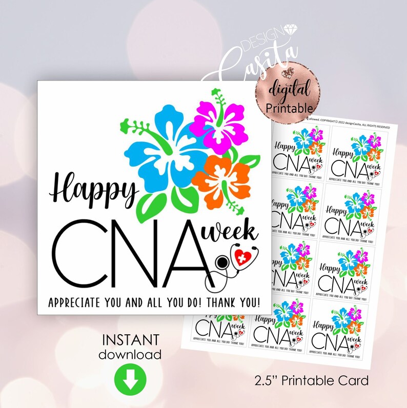 Happy CNA week Thank you Printable Square Favor Gift Tag,Hawaiian appreciate tag,Nurse assistant,CNA Appreciation,CNA coloful floral tag image 1