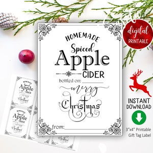 Etichetta regalo stampabile per sidro di mele speziato, etichetta per bottiglia scaricabile vintage in bianco e nero con scritta &quot;Buon Natale&quot; per bevanda fatta in casa a base di sidro